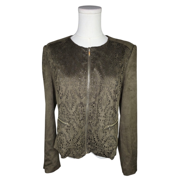 Carmen Marc Valvo Olive Faux Suede Laser Cut Zip Jacket Size 8 Boho Chic - Picture 1 of 8